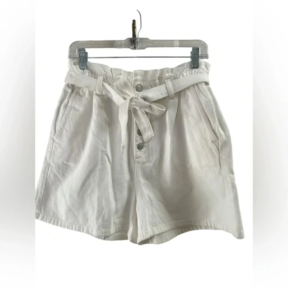 LOFT white high rise elastic denim shorts with tie - Picture 1 of 4